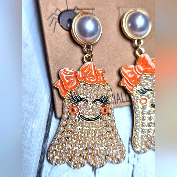 NEW Halloween Ghost Gold Pearl Stud Dangle Earrings Orange Bow - Picture 4 of 7